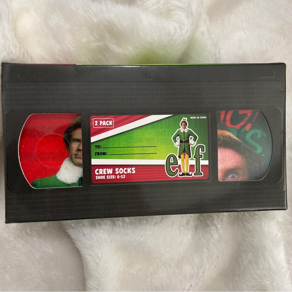Elf in Novelty VHS Box Crew Socks - Unisex - 2 Pairs - shoes Size 6-12 -